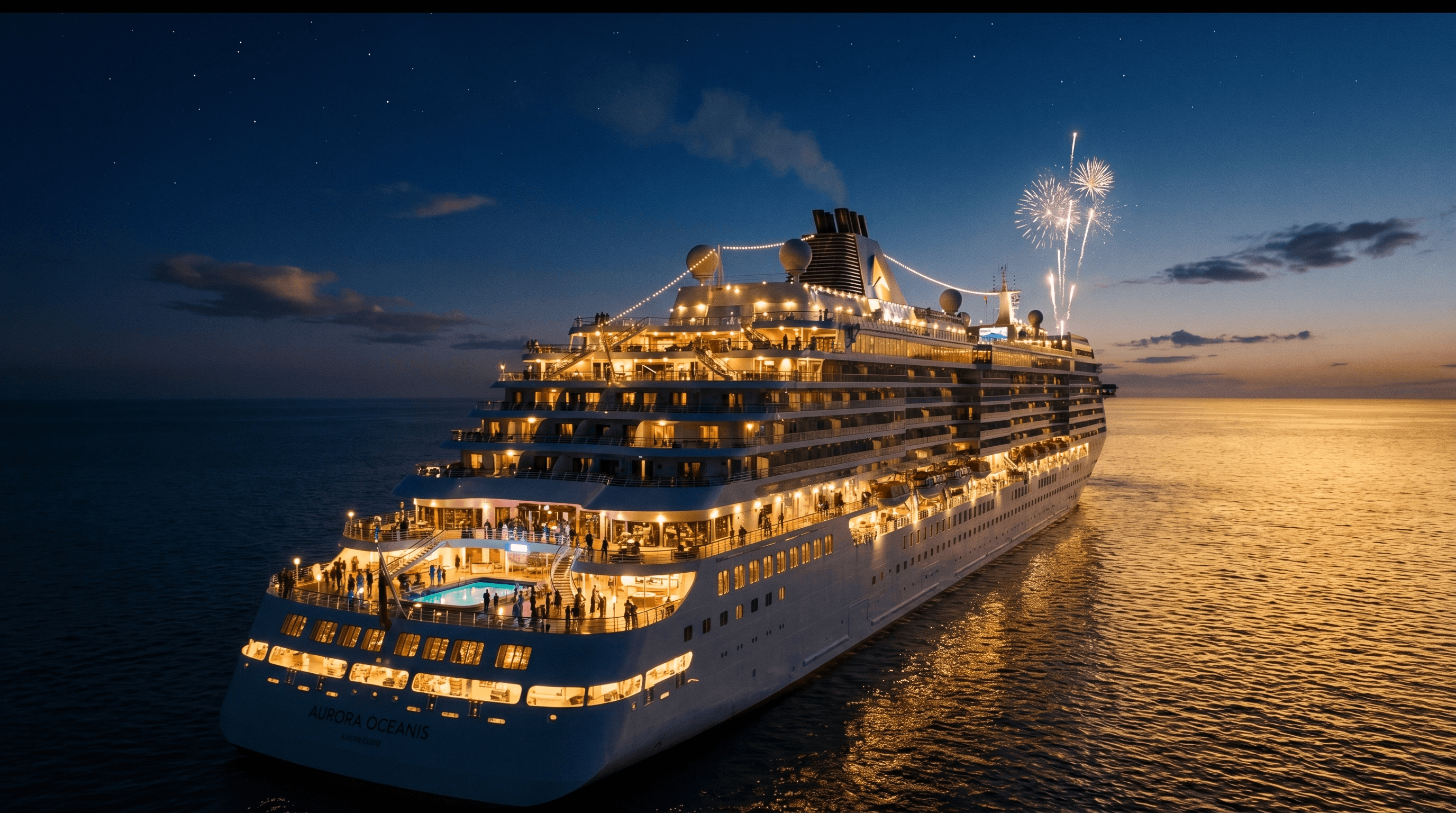 Cruise ship lit up at night with fireworks