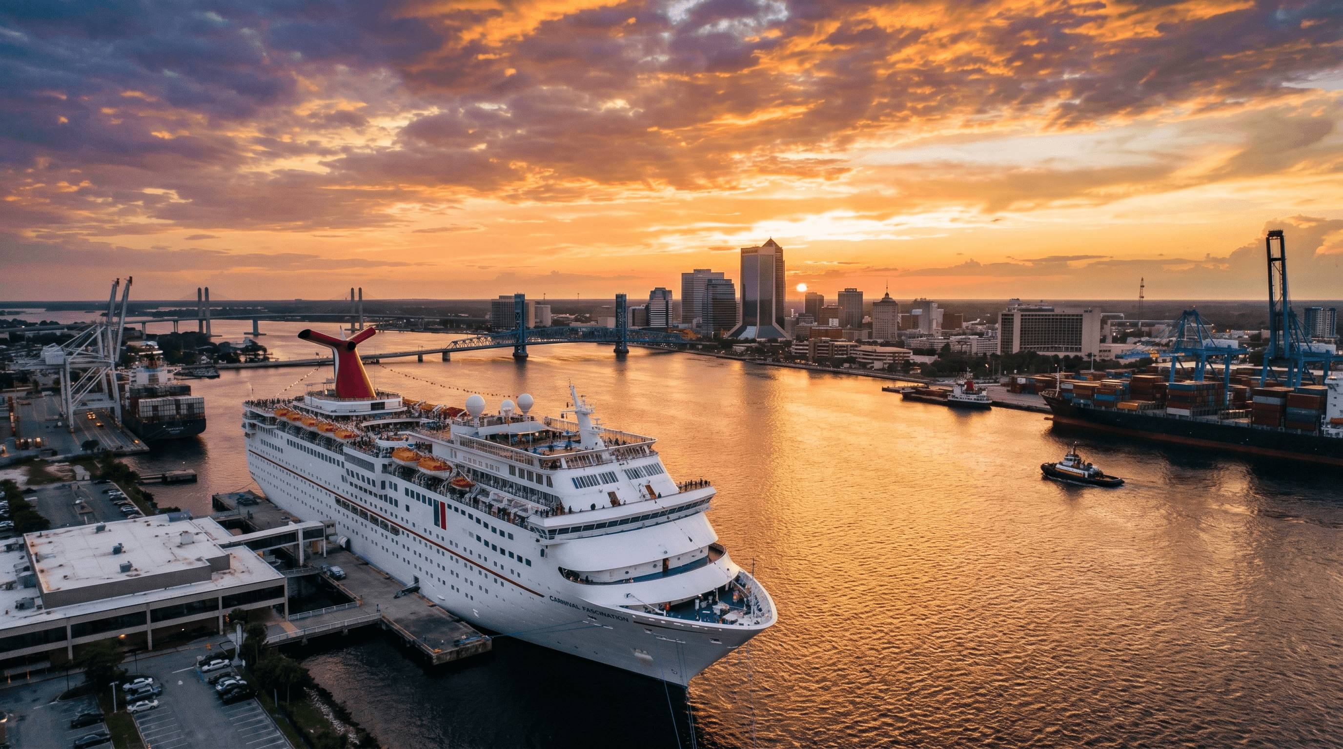 Carnival cruise ship docked in Jacksonville at sunset